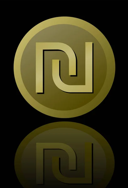 Ізраїльські валюти шекеля символ, елегантний мінімалістський коло Золотий металік монета з дзеркальне відображення ізольовані на чорному фоні — стоковий вектор