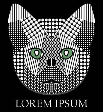 Kedi kafası patchwork tarzı. Siyah ve beyaz siyah zemin üzerine yeşil gözlü çizim yumurtadan.