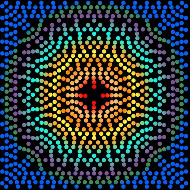 Çok renkli çini nokta desenleri ile. Siyah arka plan üzerine canlı alacalı noktalar.