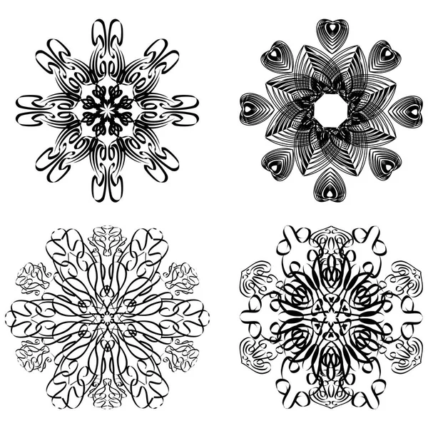 Kalligrafische kreisförmige geometrische Muster, Designelemente in Schwarz und Weiß, symmetrische Spitzenmuster — Stockvektor