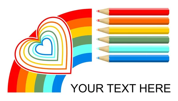 Multicolored crayons drawing lines and rainbow monoline heart, banner design on white background. Six pencils in red, orange, yellow, green, turquoise and blue — Stock Vector