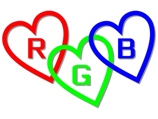 Espaço de cor RGB projetado como corações com letras R, G e B, vermelho básico, azul básico e verde básico . — Vetor de Stock