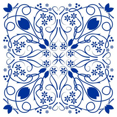 Mavi azulejo seramik seramiği, beyaz arkaplanda kobalt mavisi folklor desenleri.