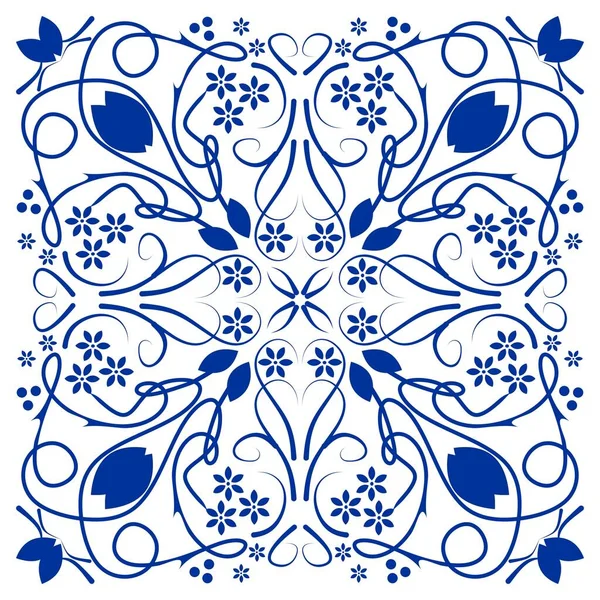 Blue azulejo ceramics tile, folklore patterns in cobalt blue on white background. — Stock Vector
