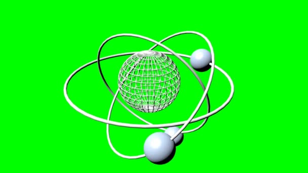 Wireframe planet model with three orbits and three satellite moons. Fantasy science animation on green screen. Green screen design with silver elements. 3d model — Stock Video