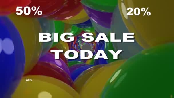 Big sale today, announcement banner with white lettering and flashing animated percent values. Animated background composed of colorful shiny balls — ストック動画