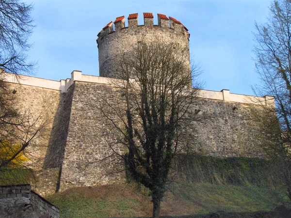 Taş kuleli kırkınlık detayları, Orta Çağ şatosu Cesky Sternberk, Orta Bohemya, Çek Cumhuriyeti, — Stok fotoğraf
