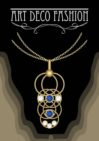 Art deco jewel. Vintage gold necklace. Jewel in victorian style. Filigree gold jewel. Antiquarian jewelry. Filigree gold necklace. Ancient vector jewel. Pendant with sapphire and pearl. — Stock Vector