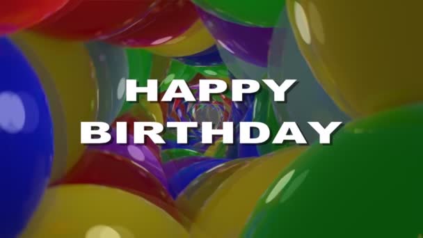 Happy birthday white lettering on tunnel background composed of shiny multicolored balls with reflections. Birthday party banner, anniversary greeting — ストック動画