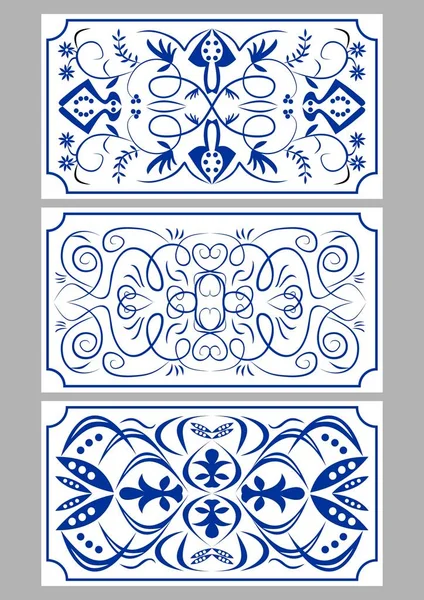 Üç mavi azulejo seramik seti, beyaz zemin üzerinde koyu mavi karo, Portekiz ya da İspanya 'nın geleneksel seramikleri, — Stok Vektör