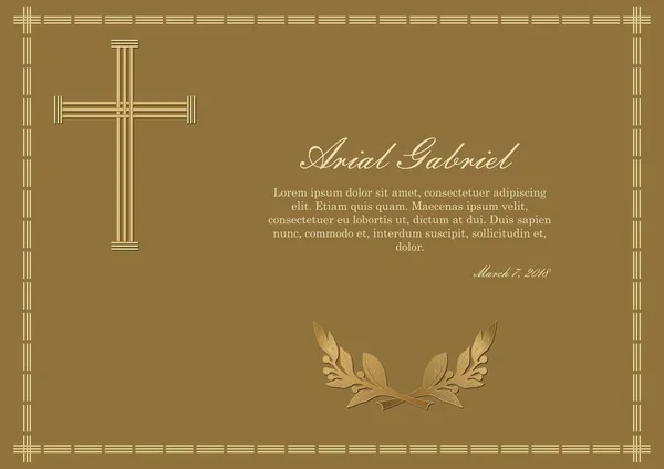Luxurios obituary with golden elements on dark golden background, simply gold cross and laurel branche — Stock Vector