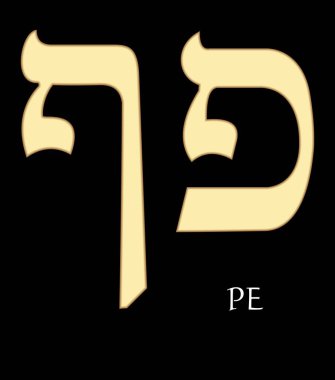 Hebrew letter pe, seventeenth letter of hebrew alphabet, meaning is mouth, gold design on black background