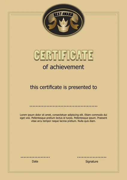 Certificate of achievement with Best award logo, gold ribbon and royal crown symbol, elegant luxurious template with text sample — Stok Vektör