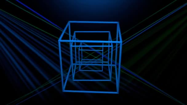 Espectáculo de láser 3d con cubo giratorio de alambre, cambio de color objeto con rayos de colores en el fondo negro, discoteca o discoteca decoración — Vídeos de Stock