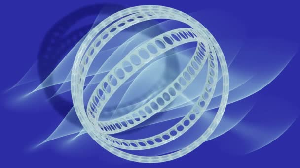 High-tech θέμα σε 3d σχεδιασμό, τρία διάτρητα στεφάνια περιστρέφεται σε διαφορετική κατεύθυνση σχετικά με το κοινό τους κέντρο, σκούρο μπλε φόντο με μαλακά λευκά κύματα. Techno μοτίβο, λογότυπος — Αρχείο Βίντεο