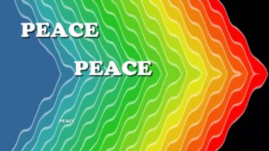 Barış arka planı, beyaz animasyon sözcükleri Dalgalı gökkuşağı arka planında barış görünüyor. Savaş karşıtı hareketin ilan panosu.