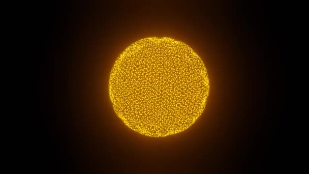 Fantasy 3d planet composed of luminous particles in yellow, orange and red, fiery sphere zooming on black background, glowing sci-fi object — Stock Video