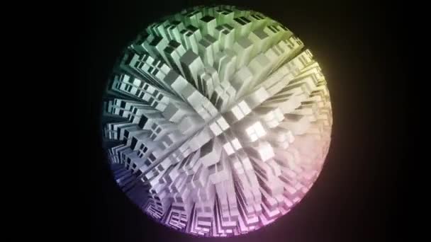 Esfera compuesta por bloques en colores pastel, bola giratoria sobre fondo negro, efecto de luz, zoom. animación 3d — Vídeo de stock