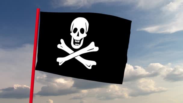 Piratflagga på röd stolpe mot bakgrund av himlen med dramatiska moln. Datoranimation. Symbol för skalle och korsade ben, vindsimulering — Stockvideo