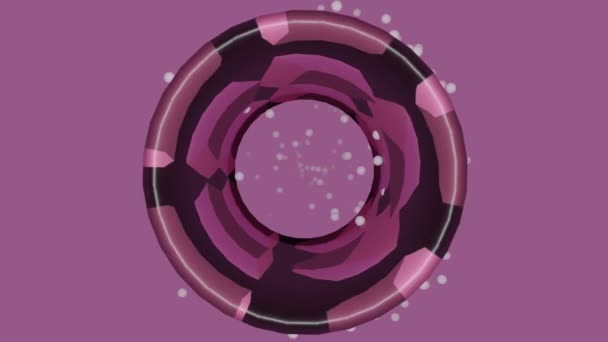 Disco modelado púrpura girando y acercándose sobre fondo púrpura claro, volando partículas semistansparentes blancas. Vídeo abstracto de VFX. Objeto abstracto 3d — Vídeo de stock
