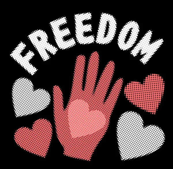 Banner de liberdade de meio-tom com palma humana e meio-tom corações modelados. Estilo retrô anos 60, 70, 80 — Vetor de Stock