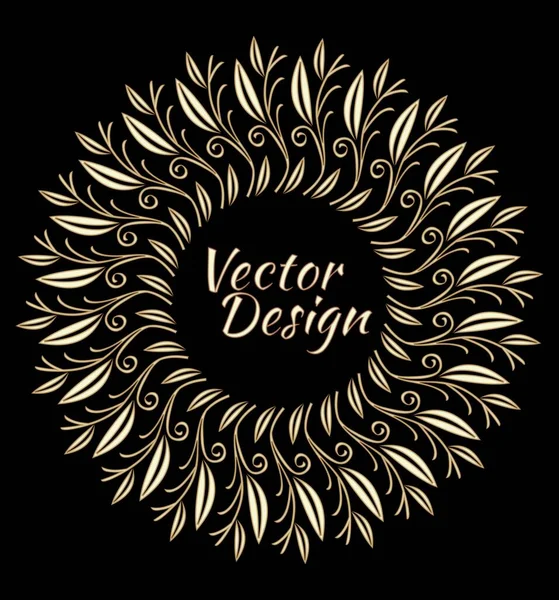 Gold patterns composed of branches and leaves, 3d illusion, circle frame on black background, luxurious vintage ornament, decoration with floral motif — Stock Vector