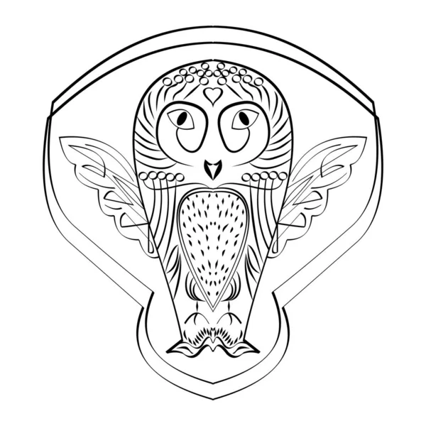 Owl figure tatoo, calligraphic line drawing, symmetric owl bird, black and white design, wisdom symbol — Stock Vector