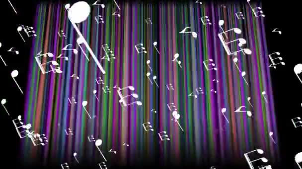 Kolorowa muzyka, latające białe nuty muzyczne na tle z kolorowymi ruchomymi promieniami świetlnymi. Disco, klub muzyczny, rock lub festiwal jazzowy. — Wideo stockowe