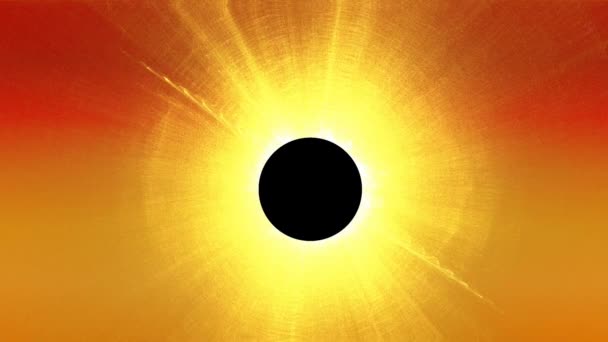 Zon, totale zonsverduistering computeranimatie, gloeiende zonnestralen over zwarte cirkel, maanschaduw, geel plasma, oogverblindende gele en oranje gloed, computersimulatie, — Stockvideo