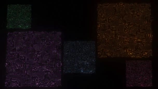 Sparkling squares on black background, square areas composed of luminous dots, embroidery of shiny miniature beads — Stock Video