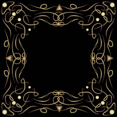 Siyah arkaplan üzerine kabartmalı deco çerçeve, filigran dekoratif kenar, kıvrımlı eski dekorasyon, kendi metin alanı için boş alan