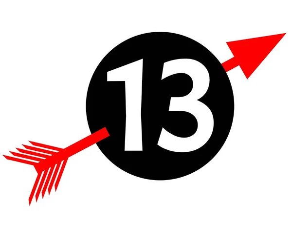 Emblema con cifra tredici, numero bianco 13 in cerchio nero traforato dalla freccia rossa — Vettoriale Stock