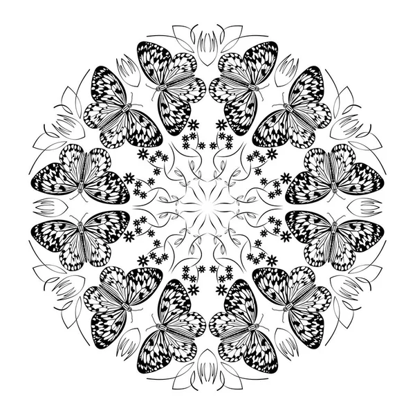 蝶とモノクローム黒と白のマンダラ、巻きパターン、白い背景に円の装飾、自然の喜び、精神的な癒し — ストックベクタ