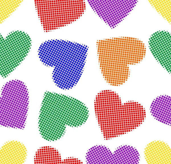 LGBT halftone hearts in rainbow colors, seamless tile, textile, wrapping paper design. Cute heart shapes on white background. — Stock Vector