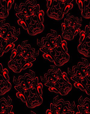 Kırmızı şeytan başlıklı siyah arkaplan, kusursuz desenler, soyut motif, tekstil ya da ambalaj kağıdı tasarımı, şeytani yüz.