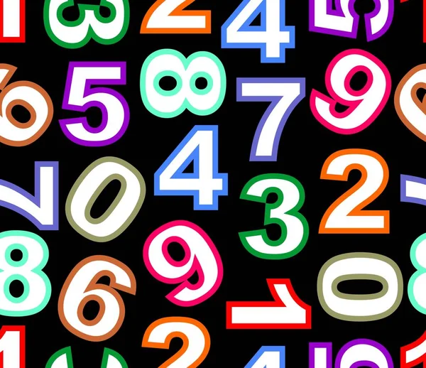 Bezešvý vzor s barevnými výraznými číslicemi na černém pozadí, nepravidelně rozmístěné číslice, textilní design, balicí papír — Stockový vektor