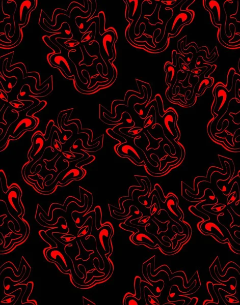 Черный фон с красными головами дьявола, бесшовные узоры, абстрактный мотив, текстиль или обертка дизайн, злое лицо — стоковый вектор