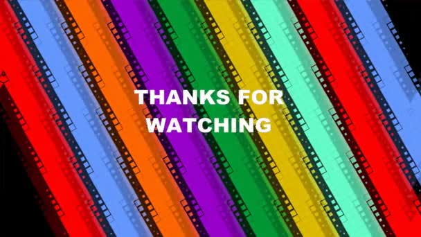 Thanks for watching, animated lettering on animated background with diagonal multicolored flowing strips. White letters on colorful background. — Stock Video