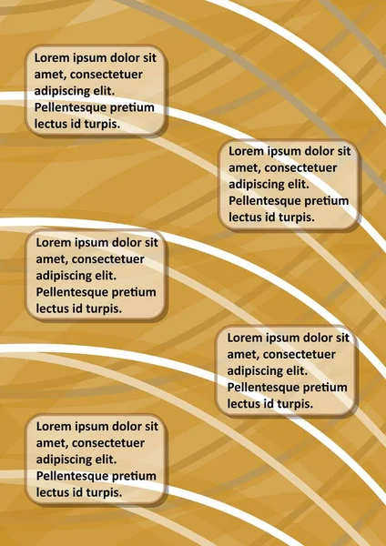 Sfondo astratto in diverse tonalità ocra con curve bianche, cinque cornici trasparenti per testo personalizzato, testo campione. Modello vettoriale per rivista, atti, report, catalogo — Vettoriale Stock