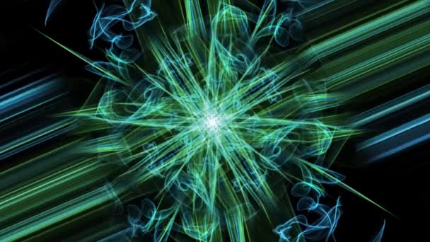 Padrões antistress mágicos azuis e verdes, ornamento vivo fractal com segmento de rotação, curvas greenly no fundo preto . — Vídeo de Stock