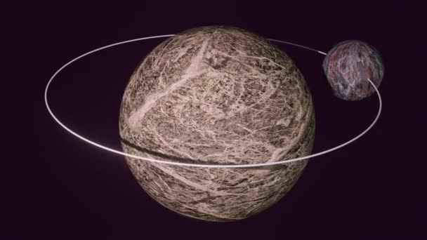 Uydu uzay aracının yörüngede ters yönde hareket ettiği fantezi gezegen, 3 boyutlu bilgisayar animasyonu — Stok video