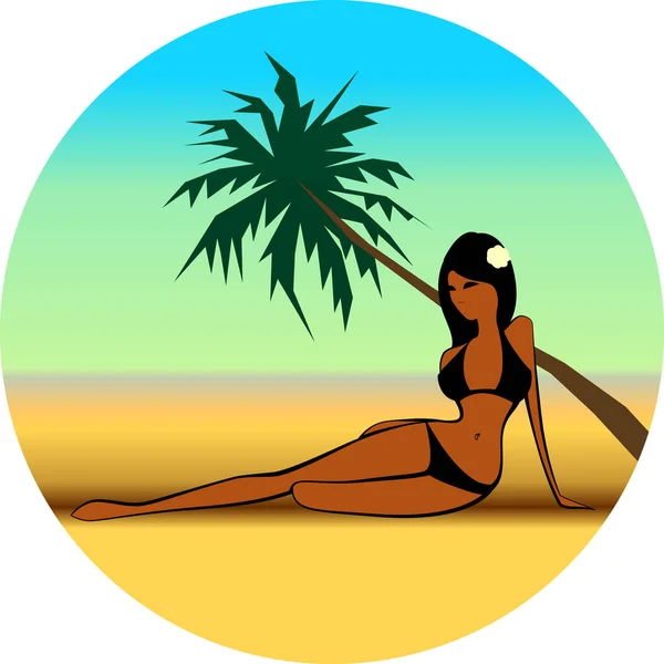 Ilustración vectorial de niña en la playa bajo palmeras — Vector de stock