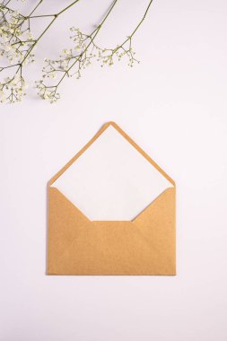 Beyaz boş kartlı Kraft kahverengi kağıt zarf, gypìila çiçekleri, beyaz arka plan, sahte boş mektup