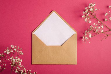 Kraft kahverengi kağıt zarf beyaz boş kart, gypthe çiçekleri, kırmızı pembe arka plan, model şablon
