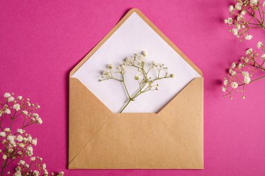 Beyaz boş kartlı Kraft kahverengi kağıt zarf, çigila çiçekleri, mor pembe arka plan, sahte boş harf.