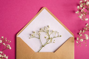 Beyaz boş kartlı Kraft kahverengi kağıt zarf, çigila çiçekleri, mor pembe arka plan, sahte boş harf.