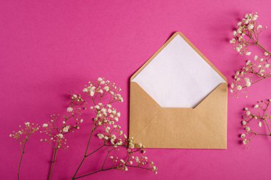 Beyaz boş kartlı Kraft kahverengi kağıt zarf, çigila çiçekleri, mor pembe arka plan, sahte boş harf.