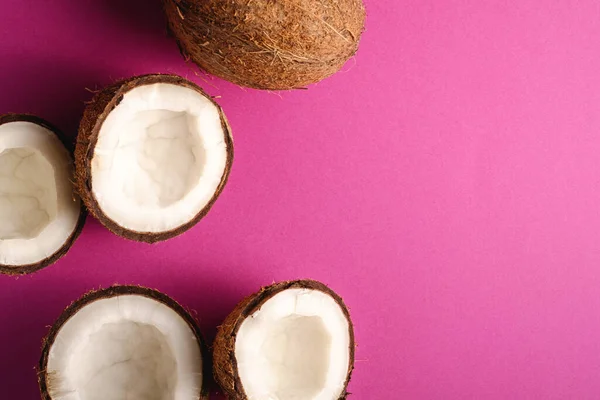 ピンク紫色の鮮やかな平原の背景にココナッツの果物 抽象的な食べ物の熱帯の概念 トップビューのコピースペース — ストック写真