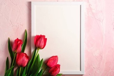 Resimli çerçeve şablonlu kırmızı lale çiçekleri desenli pembe arkaplan, üst görünüm kopyalama alanı