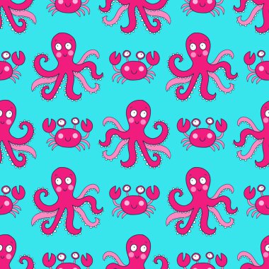 Ahtapot, yengeç gibi su altı canlılarıyla kusursuz vektör deseni. Hoş vektör illüstrasyonu.